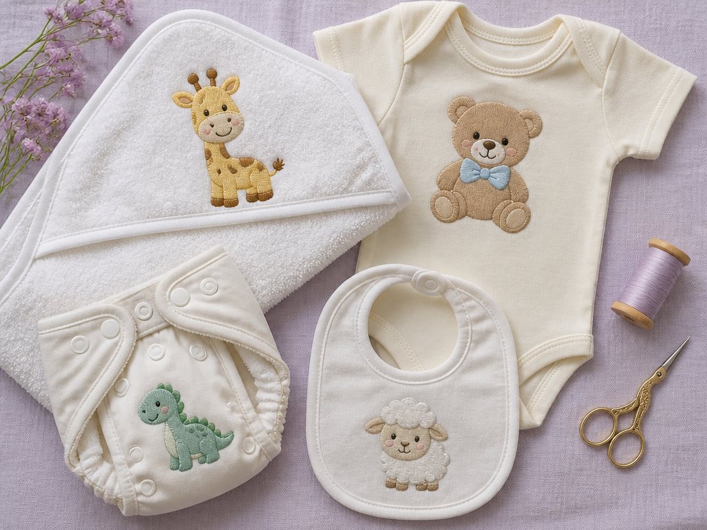 Toalha, body, fralda e babador com bordados infantis
